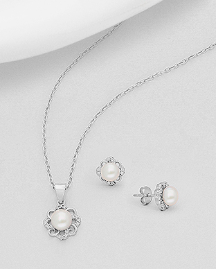 382-5168 - Wholesale 925 Sterling Silver Push-Back Earrings and Pendant Jewelry Set, Decorated with Freshwater Pearls and CZ Simulated Diamonds 