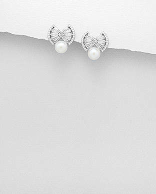 382-5175 - Wholesale 925 Sterling Silver Push Back Earrings Featuring Bow Decorated With Fresh Water Pearls And CZ
