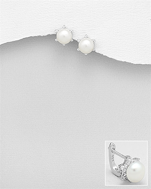 382-5177 - Wholesale 925 Sterling Silver Omega Lock Earrings Decorated With Fresh Water Pearls And CZ