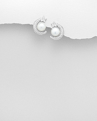 382-5179 - Wholesale 925 Sterling Silver Push Back Earrings Featuring Moon And Star Decorated With Fresh Water Pearls And CZ