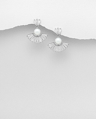382-5181 - Wholesale 925 Sterling Silver Push-Back Earrings Decorated With Fresh Water Pearls And CZ