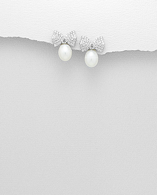 382-5184 - Wholesale 925 Sterling Silver Push Back Earrings Featuring Bow Decorated With Fresh Water Pearls And CZ
