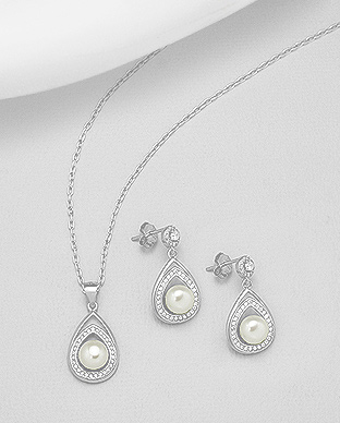 382-5191 - Wholesale 925 Sterling Silver Set of Push-Back Earrings And Pendant Decorated With Fresh Water Pearls And CZ