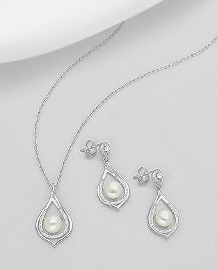 382-5194 - Wholesale 925 Sterling Silver Set of Push-Back Earrings And Pendant Decorated With Fresh Water Pearls And CZ