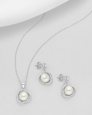 382-5195 - Wholesale 925 Sterling Silver Set of Push-Back Earrings And Pendant Decorated With Fresh Water Pearls And CZ