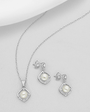 382-5198 - Wholesale 925 Sterling Silver Set of Push-Back Earrings And Pendant Decorated With Fresh Water Pearls And CZ