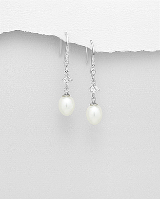 382-5208 - Wholesale 925 Sterling Silver Hook Earrings Decorated With Fresh Water Pearls And CZ