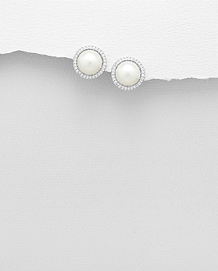 382-5210 - Wholesale 925 Sterling Silver Push-Back Earrings Decorated With Fresh Water Pearls And CZ