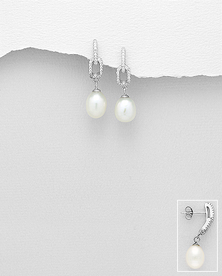 382-5213 - Wholesale 925 Sterling Silver Push-Back Earrings Decorated With Fresh Water Pearls And CZ