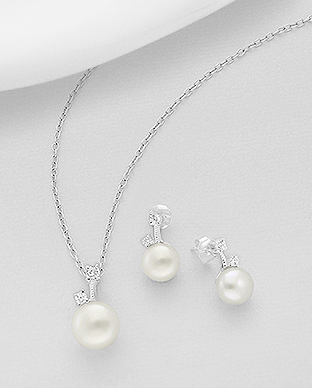 382-5218 - Wholesale 925 Sterling Silver Set of Push-Back Earrings And Pendant Decorated With Fresh Water Pearls And CZ