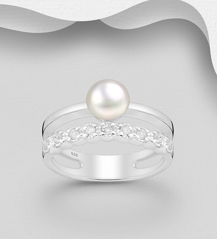 382-5219 - Wholesale 925 Sterling Silver Layered Ring Decorated With Fresh Water Pearl And CZ