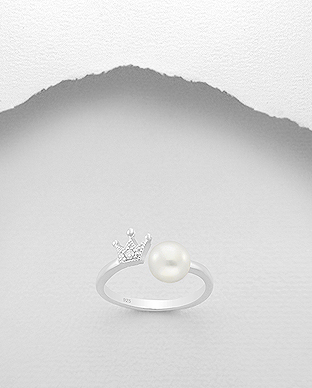 382-5220 - Wholesale 925 Sterling Silver Crown Ring Decorated With Fresh Water Pearl And CZ