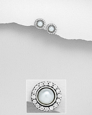 382-5233 - Wholesale 925 Sterling Silver Oxidized Push-Back Earrings Decorated With Fresh Water Pearls And CZ