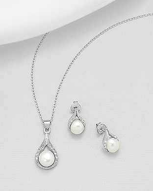 382-5239 - Wholesale 925 Sterling Silver Set of Push-Back Earrings And Pendant Decorated With Fresh Water Pearls And CZ