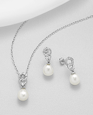 382-5259 - Wholesale 925 Sterling Silver Set of Push-Back Earrings And Pendant Decorated With Fresh Water Pearls And CZ