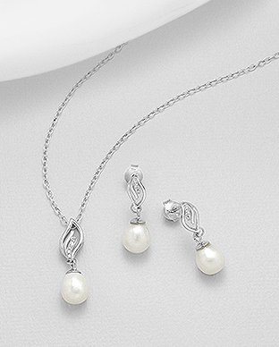 382-5263 - Wholesale 925 Sterling Silver Set of Push-Back Earrings and Pendant Decorated with Freshwater Pearls and CZ Simulated Diamonds