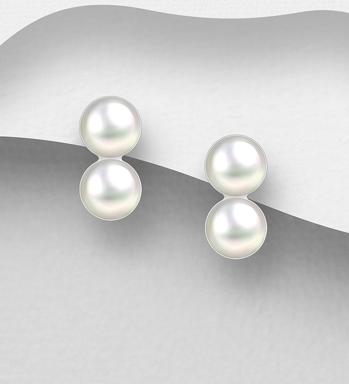 382-5266 - Wholesale 925 Sterling Silver Push-Back Earrings, Decorated with Freshwater Pearls