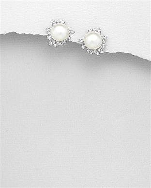 382-5271 - Wholesale 925 Sterling Silver Push-Back Earrings Decorated With Fresh Water Pearls And CZ