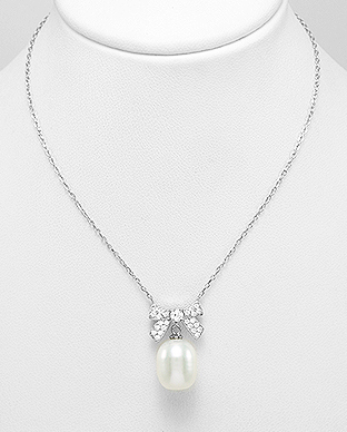 382-5280 - Wholesale 925 Sterling Silver Necklace Featuring Bow Decorated With Fresh Water Pearl And CZ