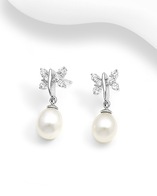 382-5293 - Wholesale 925 Sterling Silver Push-Back Earrings, Decorated with Freshwater Pearls and CZ Simulated Diamonds
