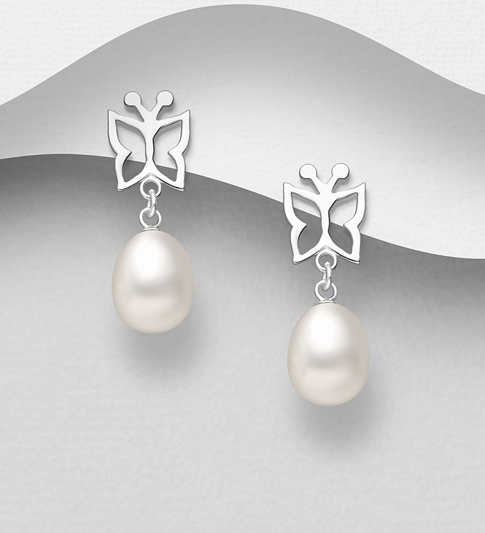 382-5340 - Wholesale 925 Sterling Silver Butterfly Push-Back Earrings Decorated With Fresh Water Pearls