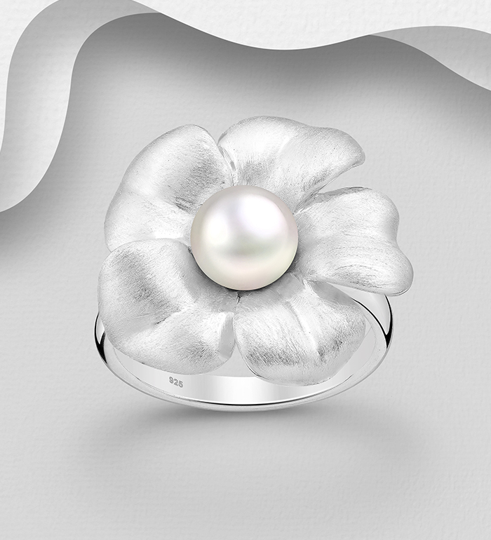 382-5351 - Wholesale 925 Sterling Silver Matte Flower Ring Decorated With Fresh Water Pearl