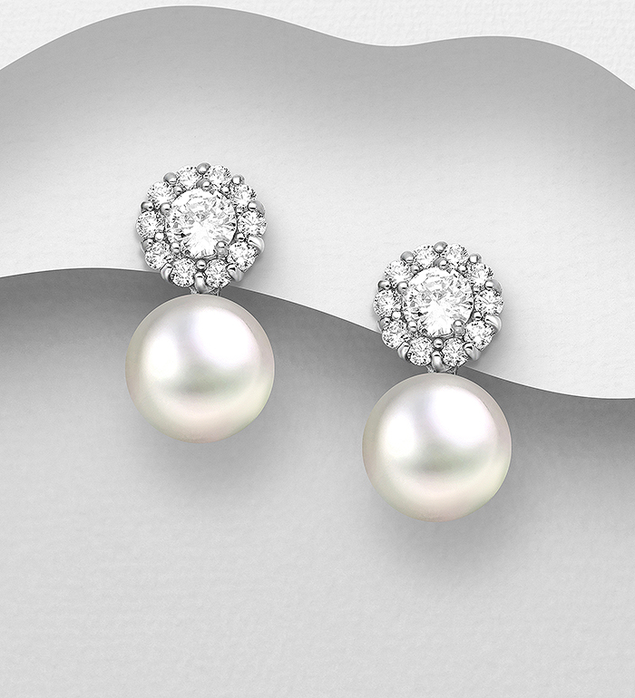 382-5389 - Wholesale 925 Sterling Silver Push-Back Earrings, Decorated with Freshwater Pearl and CZ Simulated Diamonds