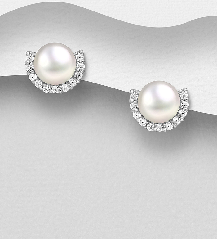 382-5390 - Wholesale 925 Sterling Silver Push-Back Earrings, Decorated with Freshwater Pearl and CZ Simulated Diamonds