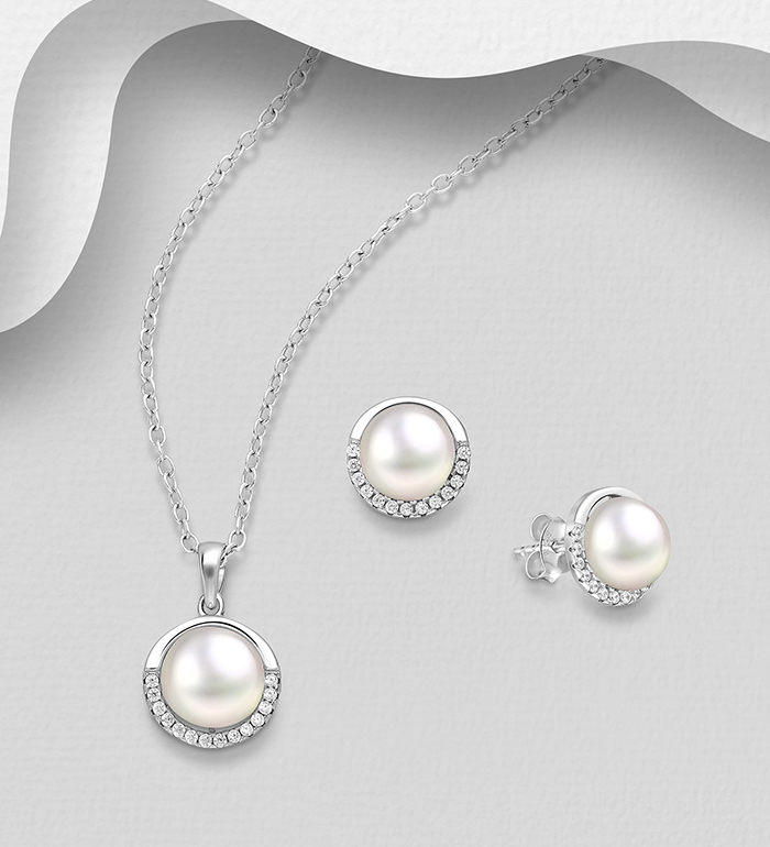 382-5396 - Wholesale 925 Sterling Silver Push-Back Earrings and Pendant Jewelry Set, Decorated with Freshwater Pearls and CZ Simulated Diamonds 