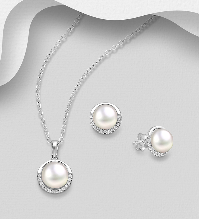 382-5396 - Wholesale 925 Sterling Silver Push-Back Earrings and Pendant Jewelry Set, Decorated with Freshwater Pearls and CZ Simulated Diamonds