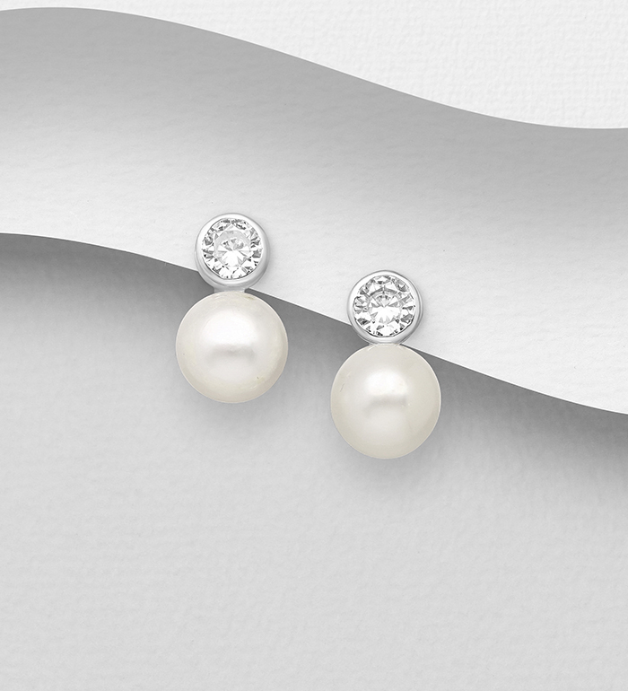 382-5417 - Wholesale 925 Sterling Silver Push-Back Earrings Decorated with Freshwater Pearls and CZ Simulated Diamonds