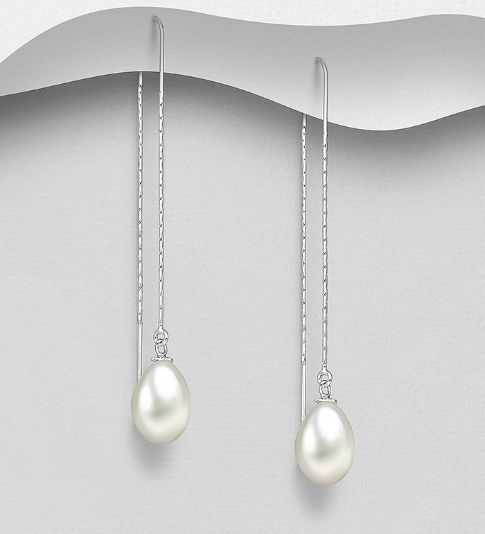 382-5421 - Wholesale 925 Sterling Silver Threader Hook Earrings Decorated with Freshwater Pearls