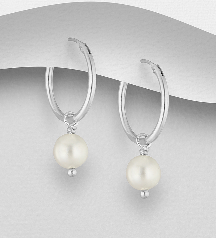 382-5466 - Wholesale 925 Sterling Silver Hoop Earrings, Beaded with Freshwater Pearls