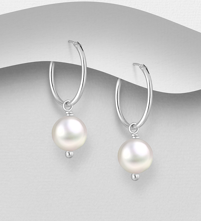 382-5467 - Wholesale 925 Sterling Silver Hoop Earrings, Beaded with Freshwater Pearls