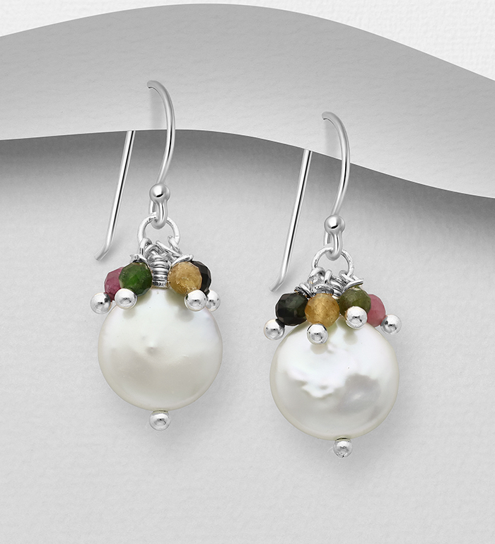 382-5470 - Wholesale 925 Sterling Silver Hook Earrings Beaded with Freshwater Pearls and Gemstone Beads