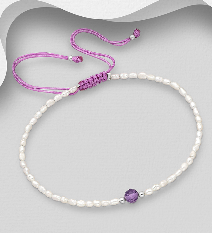 382-5471 - Wholesale 925 Sterling Silver Adjustable Bracelet Beaded with Gemstone Beads and Freshwater Pearls, Shape and Size Will Vary.