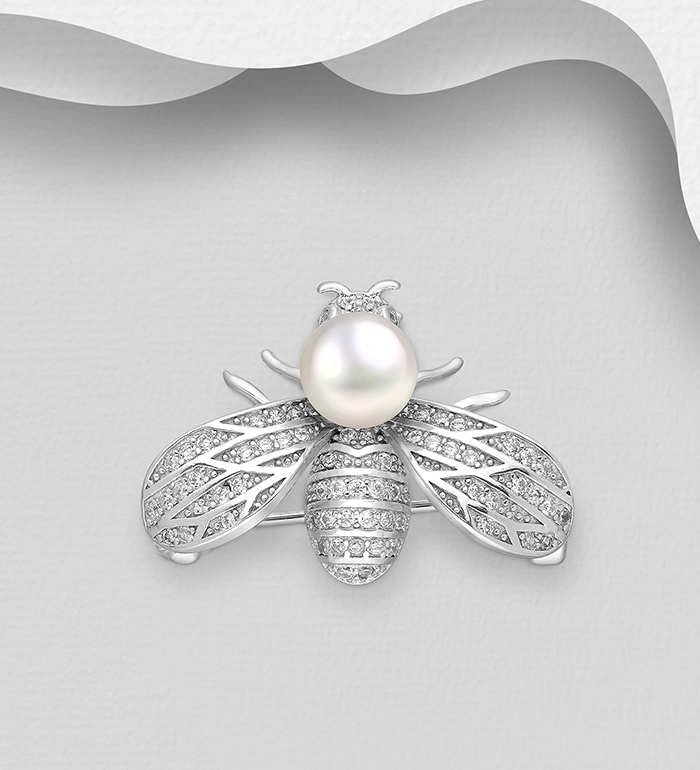 382-5489 - Wholesale 925 Sterling Silver Bee Brooch Decorated with CZ Simulated Diamonds and Freshwater Pearl