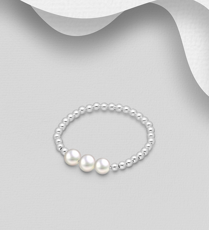 382-5542 - Wholesale 925 Sterling Silver Elastic Ball Ring, Beaded with Freshwater Pearls
