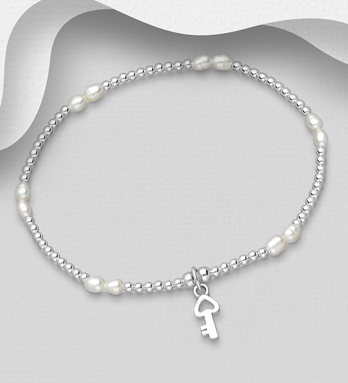382-5798 - Wholesale 925 Sterling Silver Key Elastic Bracelet, Beaded With Freshwater Pearls
