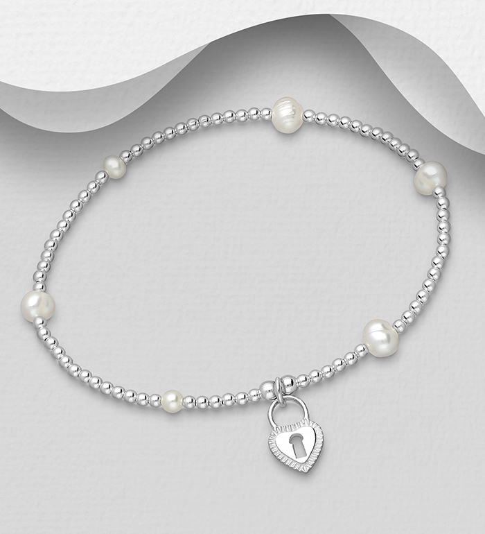 382-5799 - Wholesale 925 Sterling Silver Heart Lock Elastic Bracelet, Beaded With Freshwater Pearls