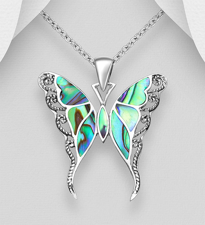 473-1247 - Wholesale 925 Sterling Silver Butterfly Pendant Decorated with Shell