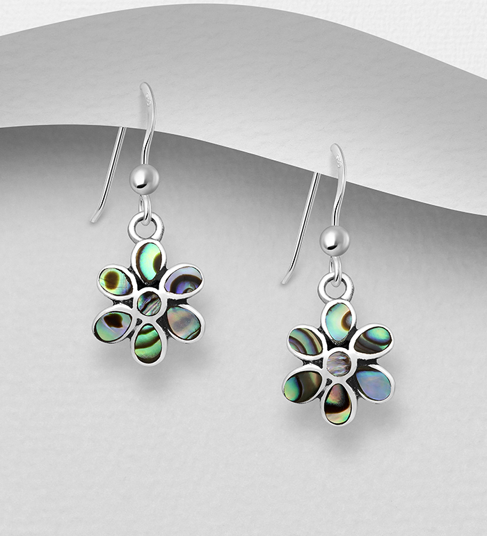 473-2952 - Wholesale 925 Sterling Silver Flower Hook Earrings Decorated With Shell