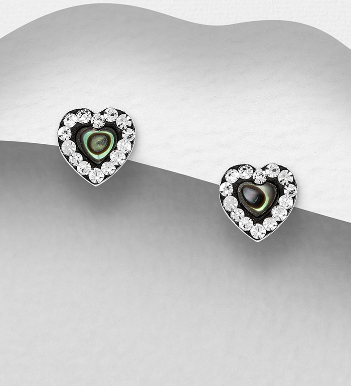 473-3097 - Wholesale 925 Sterling Silver Heart Push-Back Earrings Decorated With Crystal Glass & Shell