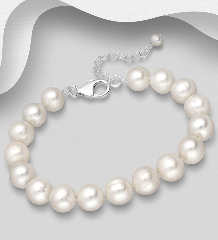 514-120AAX - Wholesale 925 Sterling Silver Bracelet, Beaded with 9-10 mm Diameter AA+ Freshwater Pearls