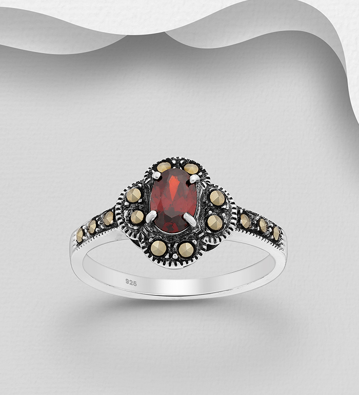 565-4812 - Wholesale 925 Sterling Silver Ring Decorated With Marcasite and Garnet