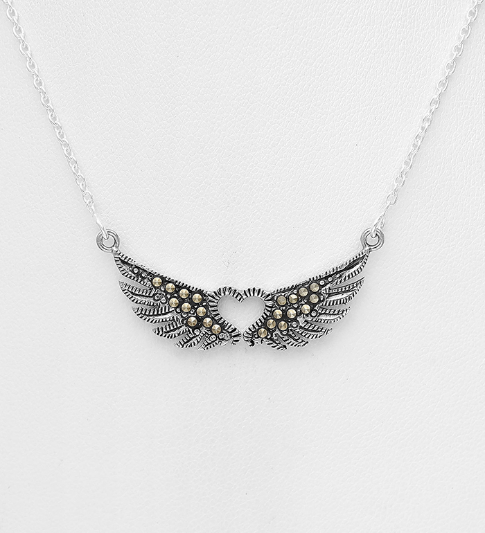 565-6301 - Wholesale 925 Sterling Silver Heart and Wings Necklace Decorated With Marcasite