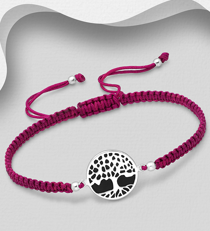 578-2620 - Wholesale 925 Sterling Silver Tree Of Life with Adjustable Thread Bracelet, Decorated with Colored Enamel