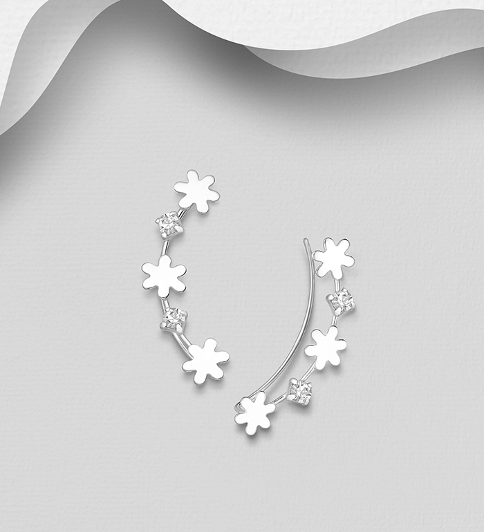 578-2740 - Wholesale 925 Sterling Silver Flower Ear Pins, Decorated with Crystal Glass