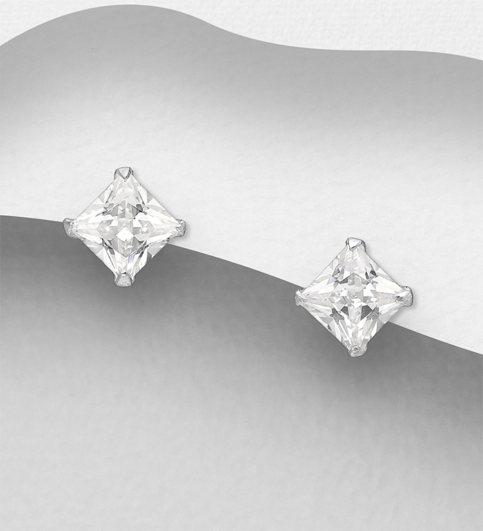 591-40 - Wholesale 925 Sterling Silver 4 mm Square Push-Back Rhombus Stud Earrings Decorated with CZ Simulated Diamonds