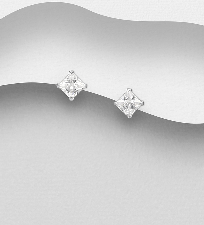 591-40 - Wholesale 925 Sterling Silver 4 mm Square Push-Back Rhombus Stud Earrings Decorated with CZ Simulated Diamonds